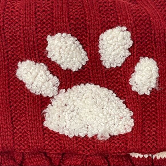 Red and White Cable Knit Christmas Stocking with Paw Print and Pom Poms - Picture 3 of 7